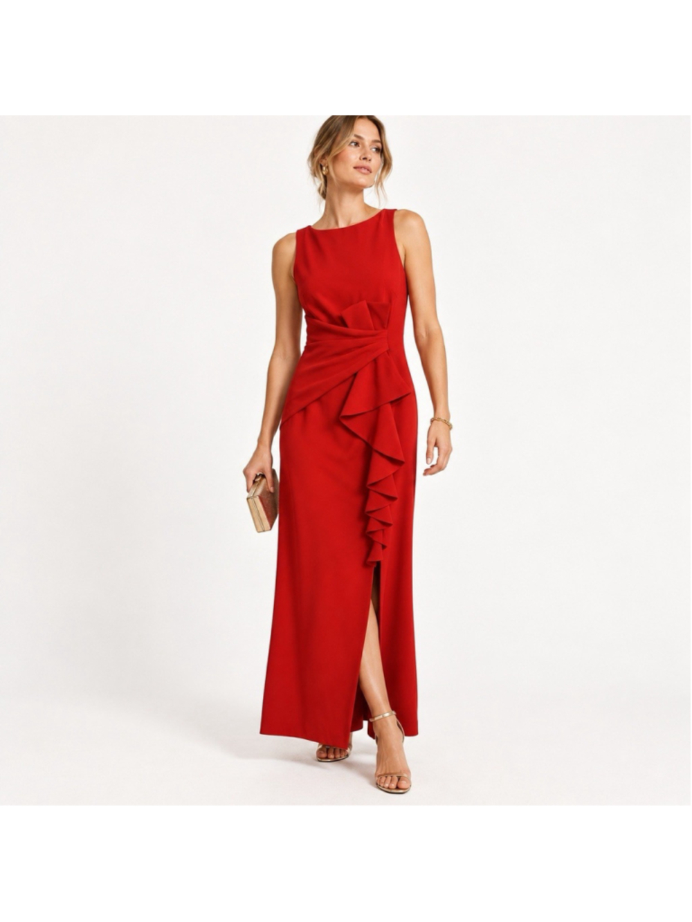 Eliza J Red Cascade Ruffle Structured Bow Gown Dress Side Slit 6